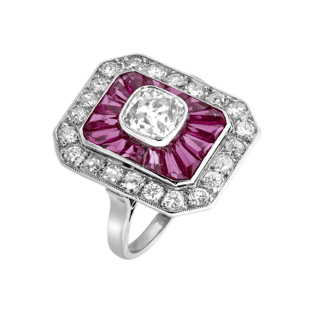 Bague rectangle pans coupés rubis calibrés et diamants vers 1925 Gerphagnon