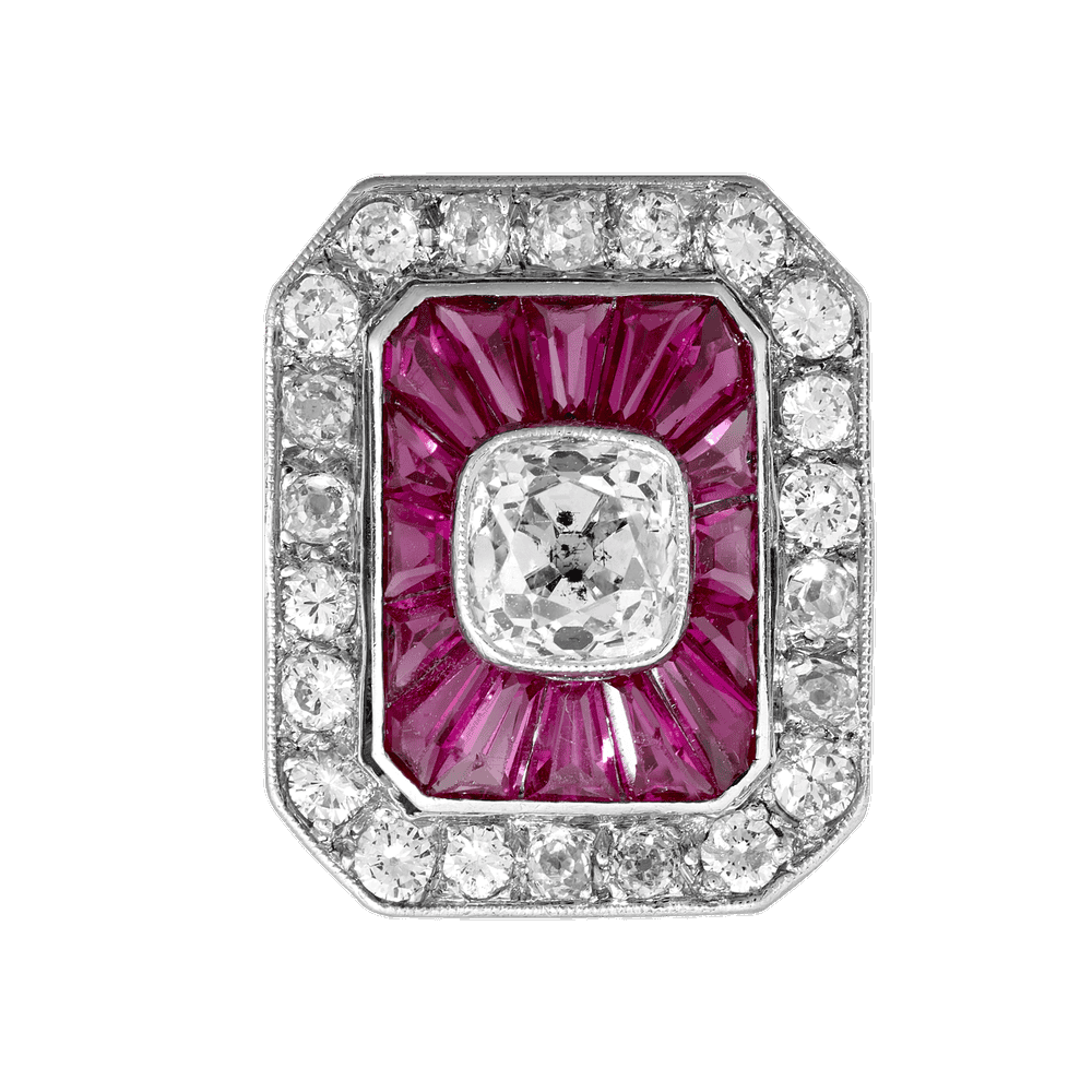 Bague rectangle pans coupés rubis calibrés et diamants vers 1925 Gerphagnon