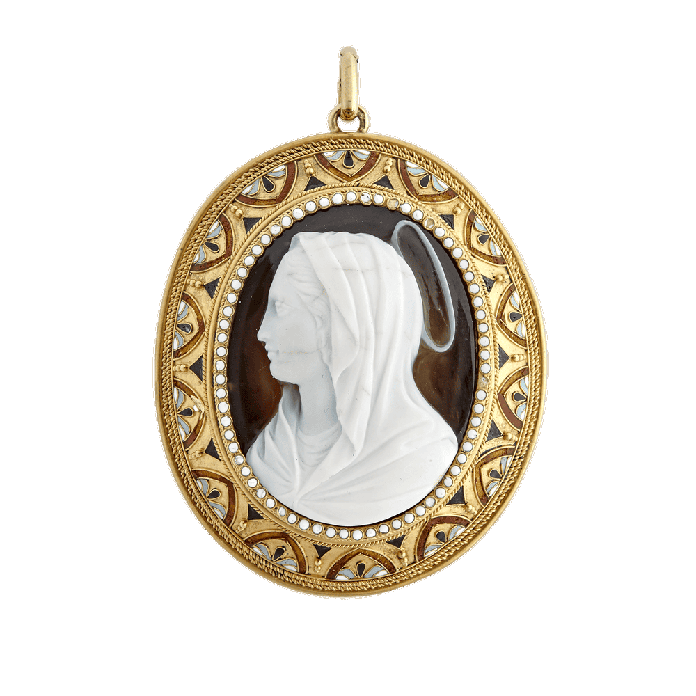 Médaillon émaillé Vierge sur cornaline fin XIXe Gerphagnon