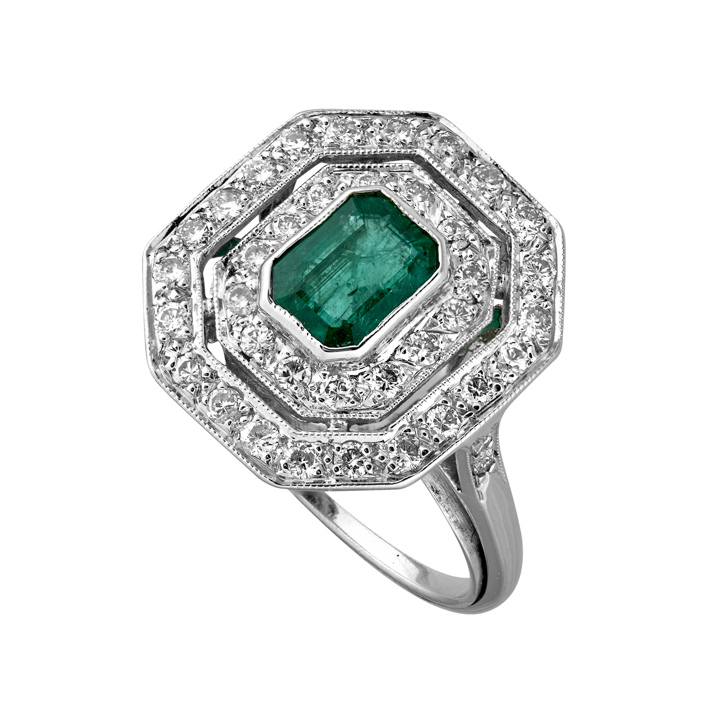 Bague octogonale émeraude taille émeraude et brillants Gerphagnon