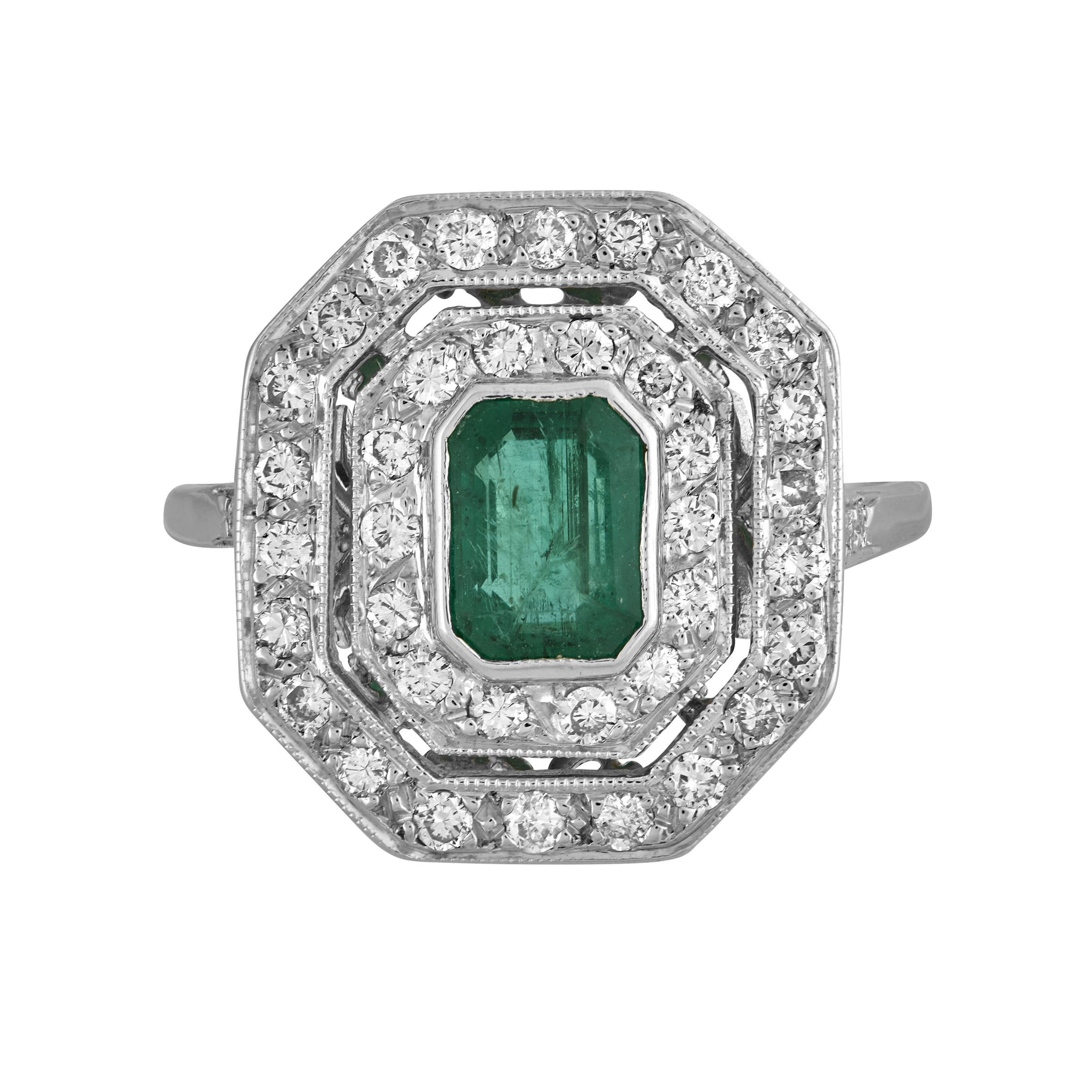 Bague octogonale émeraude taille émeraude et brillants Gerphagnon