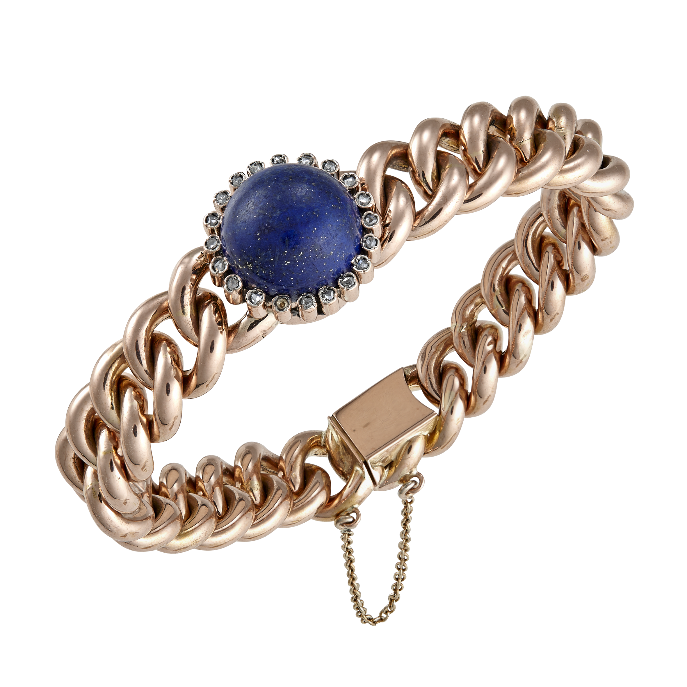 Bracelet gourmette Lapis Lazuli cabochon et diamants taille rose Gerphagnon