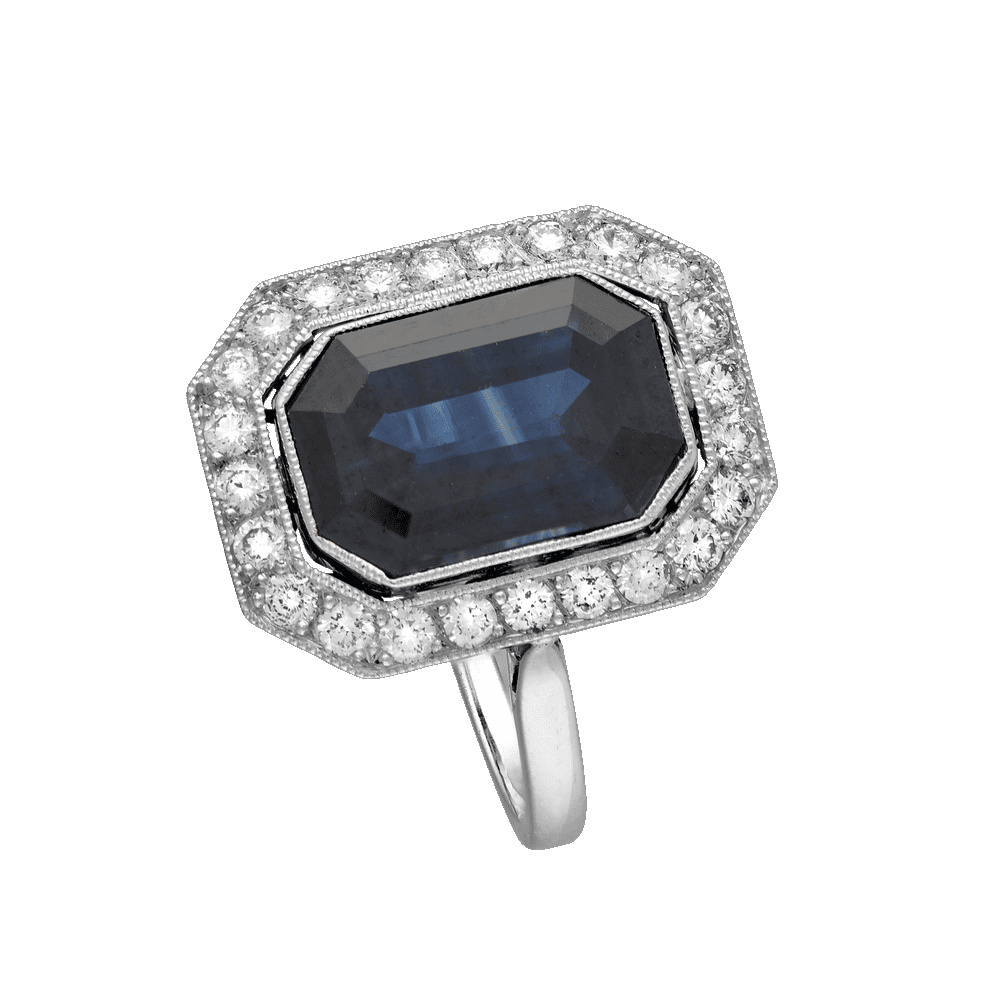 Bague rectangle pans coupés saphir et diamants vers 1920 Gerphagnon