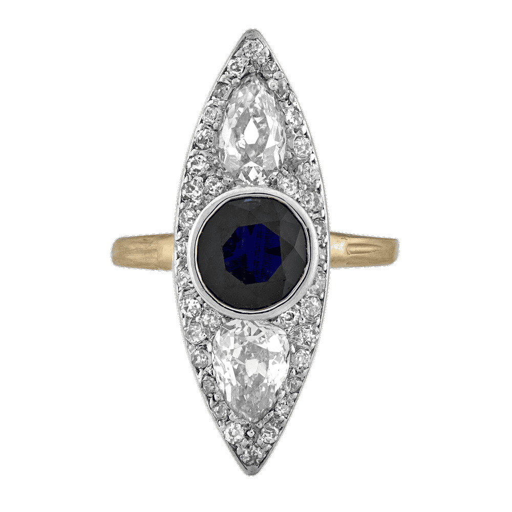 Bague marquise saphir et diamants poires fin XIXe Gerphagnon